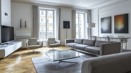 Fototapeta premium Modern Parisian Living Room: Elegant Neutral Decor and Chic Furniture