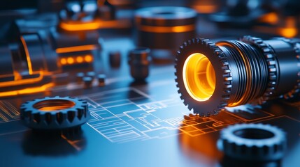 A close-up of mechanical components with glowing elements on a technical blueprint background.