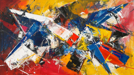 A bold abstract painting with sharp, angular shapes in primary colors, overlapping to create a sense of tension and dynamism
