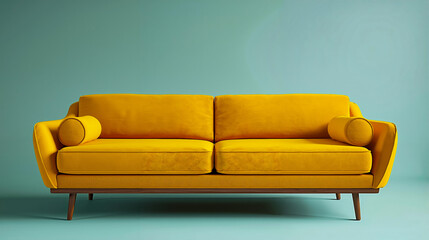 A yellow couch sitting on top of a blue background