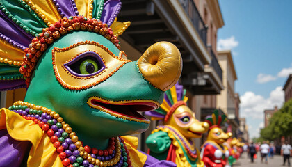 Fototapeta premium Mardi Gras colorful parade float detail featuring vibrant masks and decorations for festive celebrations