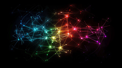 Fototapeta premium A digital abstract design featuring a network of glowing neon lines forming a complex circuit pattern on a dark background, symbolizing technology
