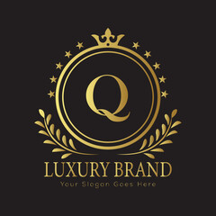 Letter Luxury brand logo design with a royal gold crown emblem and elegant typography
