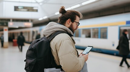 Young man with backpack using smartphone at train station. Modern commuting, digital connectivity, urban travel, and transportation technology.