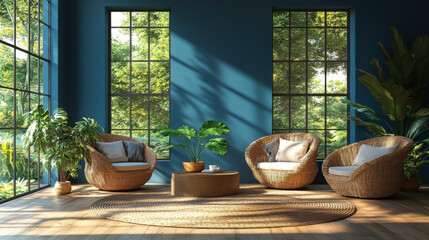A cozy, sunlit room with large windows, featuring three wicker chairs with cushions, a round wooden coffee table, and several lush green plants, creating a serene and inviting atmosphere