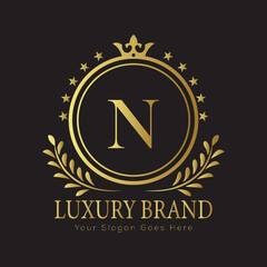Letter Luxury brand logo design with a royal gold crown emblem and elegant typography
