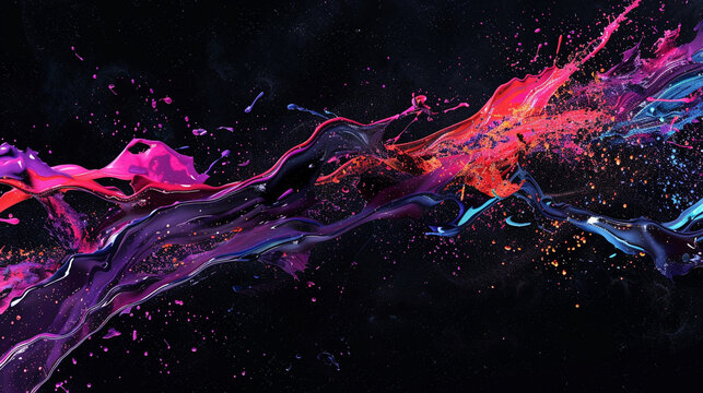 A dynamic paint splash effect in neon colors, frozen mid-air against a stark black background, conveying energy and vibrancy