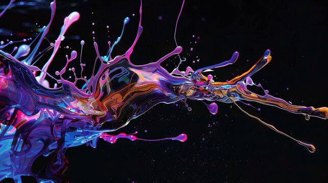 A dynamic paint splash effect in neon colors, frozen mid-air against a stark black background, conveying energy and vibrancy