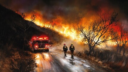 Fototapeta premium Firefighters battling hillside blaze with emergency truck