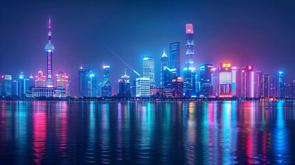 A futuristic city skyline illuminated by glowing neon lights at night, showcasing advanced architecture and technology