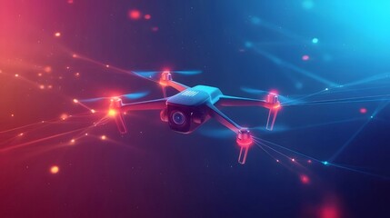Futuristic drone flying through a network.