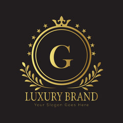 Letter Luxury brand logo design with a royal gold crown emblem and elegant typography
