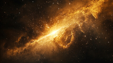 Golden nebula glowing brightly in the depths of space surrounded by cosmic dust and dark void