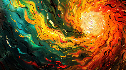 A mesmerizing fluid art composition with vivid swirling patterns in neon colors, resembling molten lava flowing dynamically