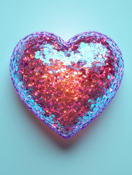 Glittering heart with glowing pastel coral and blue sequins on soft blue background