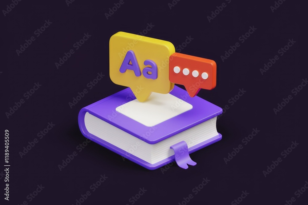 Poster 3d illustration of a book with speech bubbles representing reading, discussion, and knowledge sharin
