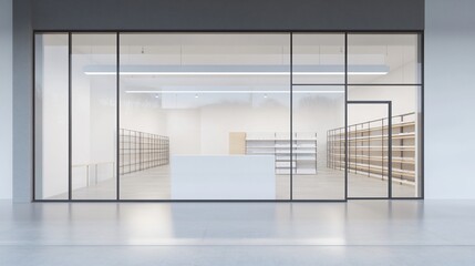 Obraz premium Modern retail space with minimalistic design and empty shelves.
