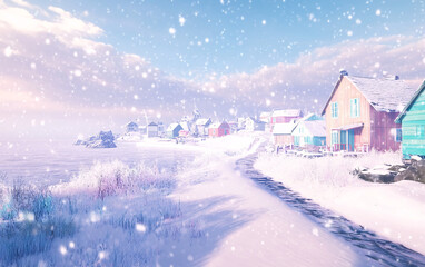 Fototapeta premium Picturesque small town surrounded by snow-covered mountains and pristine icy landscapes, vibrant houses contrasting with serene white snow under a clear Arctic sky