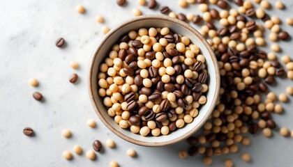 Soybeans and Coffee Beans Mix in Bowl - Healthy Snack, Vegan Food, Dietary Supplement