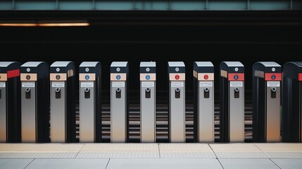 Row of sleek subway turnstiles in modern transit station. Urban infrastructure, public transportation, and automated access systems.