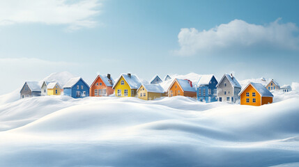 Picturesque small town surrounded by snow-covered mountains and pristine icy landscapes, vibrant houses contrasting with serene white snow under a clear Arctic sky