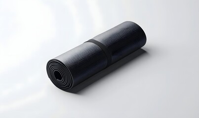 Rolled-up dark gray yoga mat on white background.