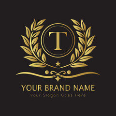 Letter Luxury brand logo design with a royal gold crown emblem and elegant typography
