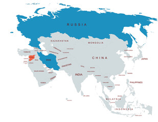 Obraz premium Map Highlighting raussia and iran and syria Among Asian Countries