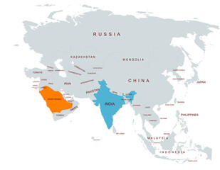 Obraz premium Map Highlighting Saudi Arabia and india Among Asian Countries