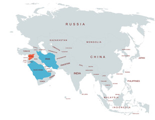Fototapeta premium Map Highlighting Saudi Arabia and iran and syria Among Asian Countries