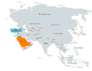 Obraz premium Map Highlighting Saudi Arabia and turkey Among Asian Countries