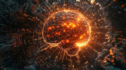 Glowing orange brain surrounded by dynamic light trails and futuristic digital patterns symbolizing technology and energy.