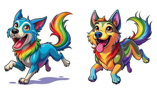 Playful rainbow-colored fur cute dog running with a joyful expression vector design. Perfect for print items and bags, poster, sticker, mug, template, banner.