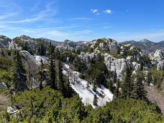Obraz premium Strict reserve of rocky limestone peaks Hajducki and Rozanski kukovi - Northern Velebit National Park, Croatia (Strogi rezervat Hajdučki i Rožanski kukovi - Nacionalni park Sjeverni Velebit, Hrvatska)