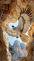 Fototapeta premium Majestic Bearded Vulture Soaring in Stunning Rocky Mountain Cave Setting with Clear Blue Sky Background - Nature Photography and Birdwatching Enthusiasts