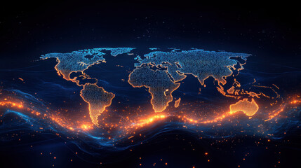 Fototapeta premium A digital representation of the world map with illuminated points and lines, highlighting global connectivity and data flow