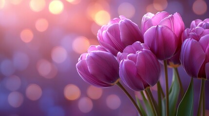 Obraz premium Purple Tulips with Warm Sunset Bokeh Lights, Perfect for Valentine's Day, Mother's Day, and Spring Celebrations, Copy Space for Text, Free Space for Text