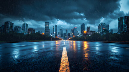 Obraz premium Cityscape at dusk, a dark city street with gleaming black pavement and tall buildings vanishing into a stormy sky on the horizon. Duskfall. Illustration