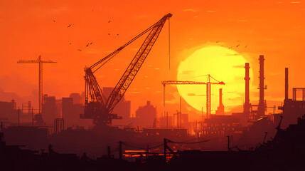 Obraz premium Crane silhouettes against a bright sunset sky, capturing industrial strength and beauty. Duskfall. Illustration