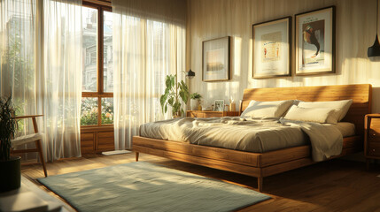 Obraz premium Scandinavian Bedroom with Wooden Accents and Sheer Curtains