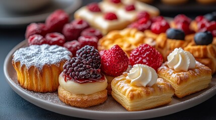 Assorted pastries and fruits displayed on a platter in a cozy cafe setting