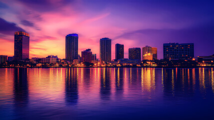Fototapeta premium Elegant cityscape at dusk, vibrant skyline illuminated by city lights, reflecting on serene water, creating a tranquil urban atmosphere. Duskfall. Illustration