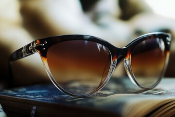 A pair of sunglasses rests on top of an open book, great for use in creative concept images or as a prop in still life photography