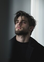 Obraz premium Portrait of a young man with a beard and messy hair. he is looking up towards the sky with a thoughtful expression on his face.