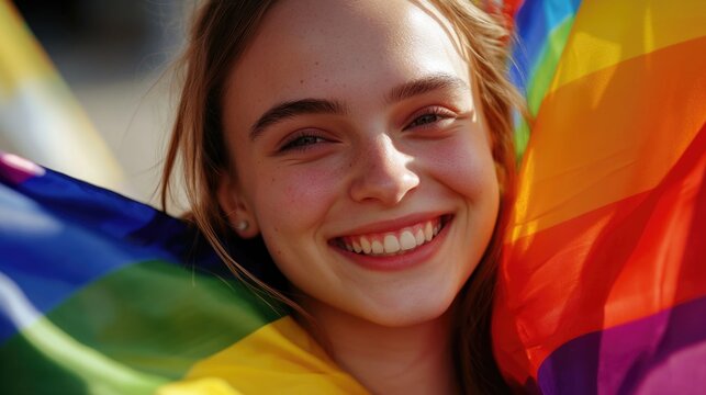 A smiling woman holds a colorful rainbow flag, promoting diversity and inclusivity
