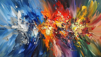 An abstract expressionist piece with bold brushstrokes and contrasting colors, conveying intense emotions and dynamic movement