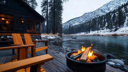 A fire pit sitting on top of a wooden deck next to a river