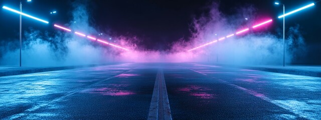 Neon Road: Misty Night, Blue and Pink Glow, Cyberpunk Atmosphere