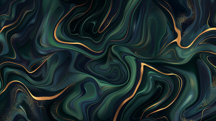 Obraz premium An abstract marbled effect with metallic gold veins flowing through deep green and navy blue swirls, creating a luxurious, organic aesthetic