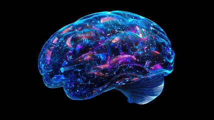 Neon glowing brain with futuristic circuit patterns symbolizing technology and human consciousness on black background.